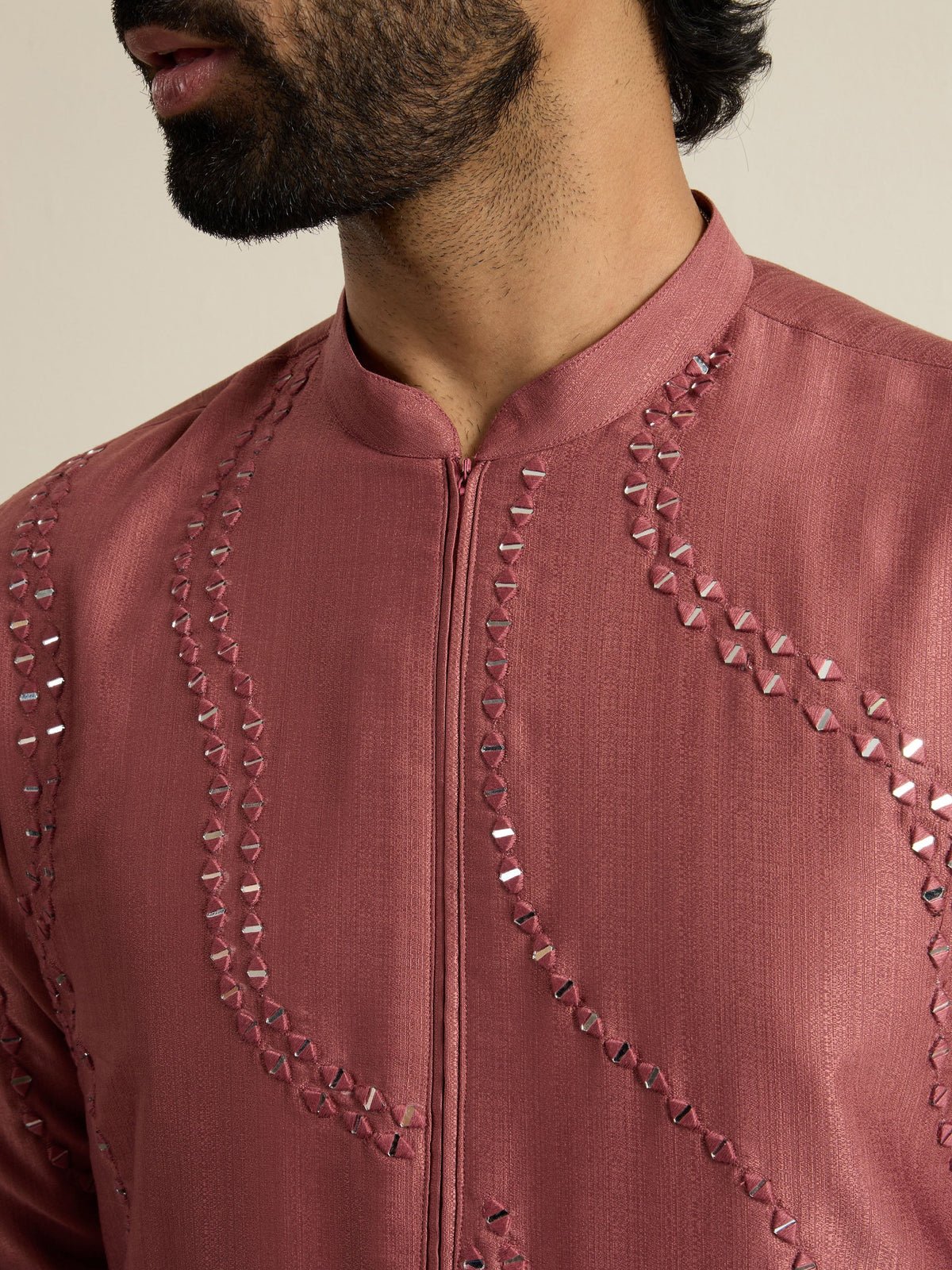 Mens Orange Blended Embroidery Kurta with Front Zipper
