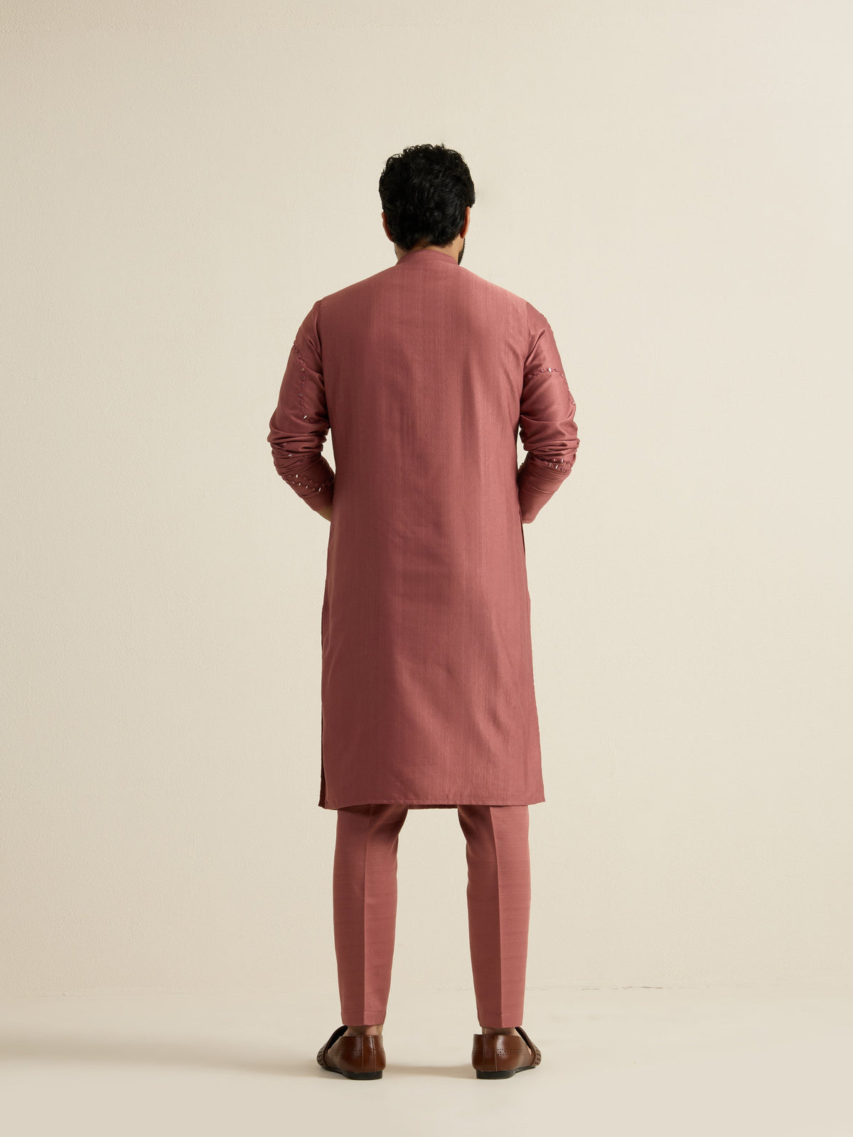 Mens Orange Blended Embroidery Kurta with Front Zipper