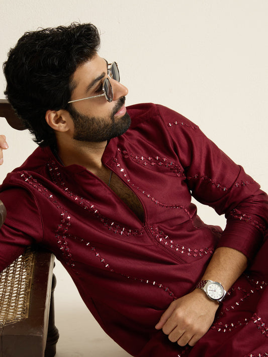 Mens Red Blended Embroidery Kurta with Front Zipper