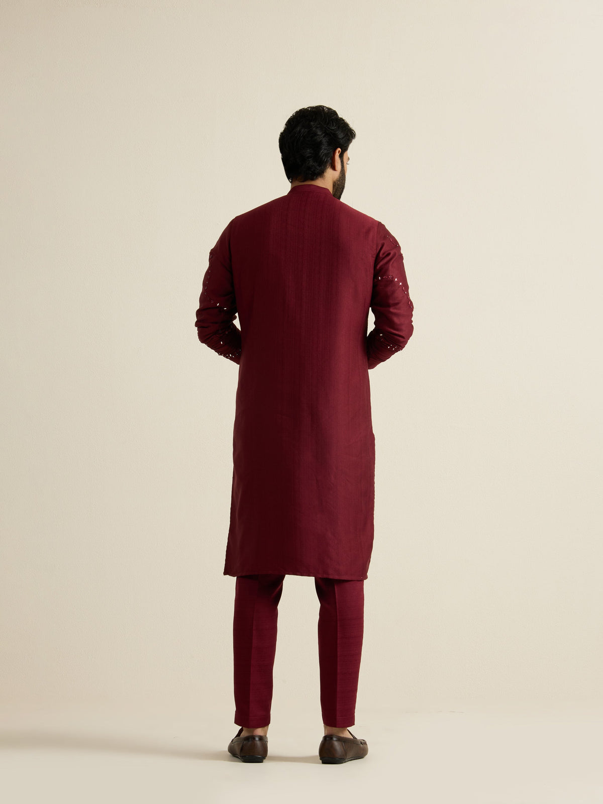 Mens Red Blended Embroidery Kurta with Front Zipper