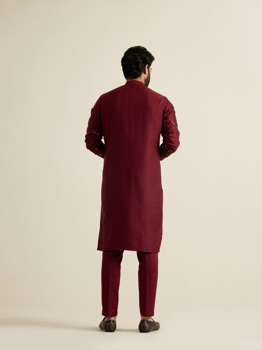 Mens Red Blended Embroidery Kurta with Front Zipper