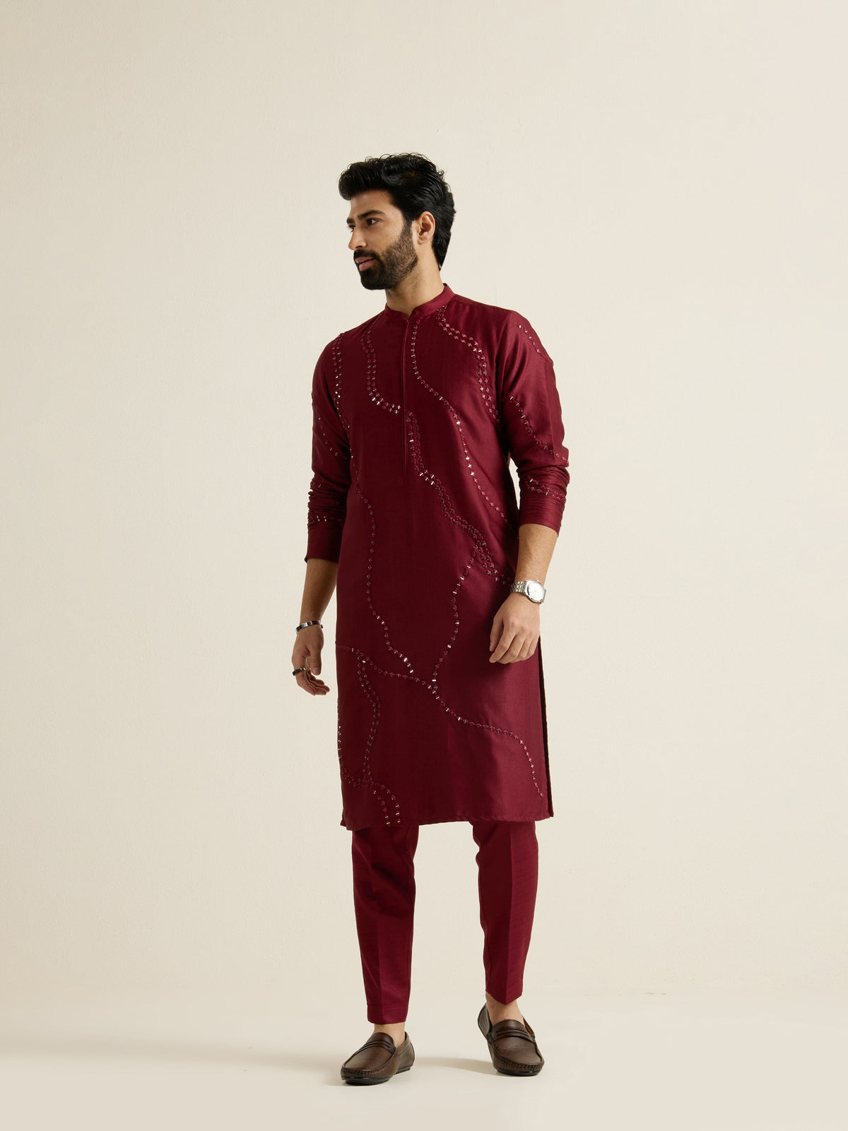 Mens Red Blended Embroidery Kurta with Front Zipper