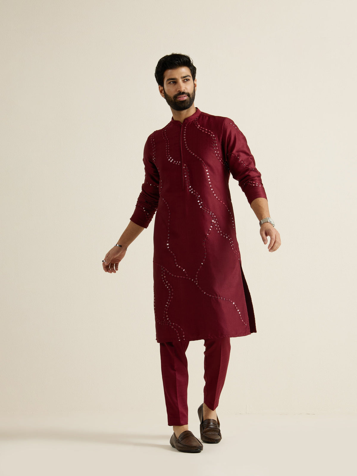 Mens Red Blended Embroidery Kurta with Front Zipper