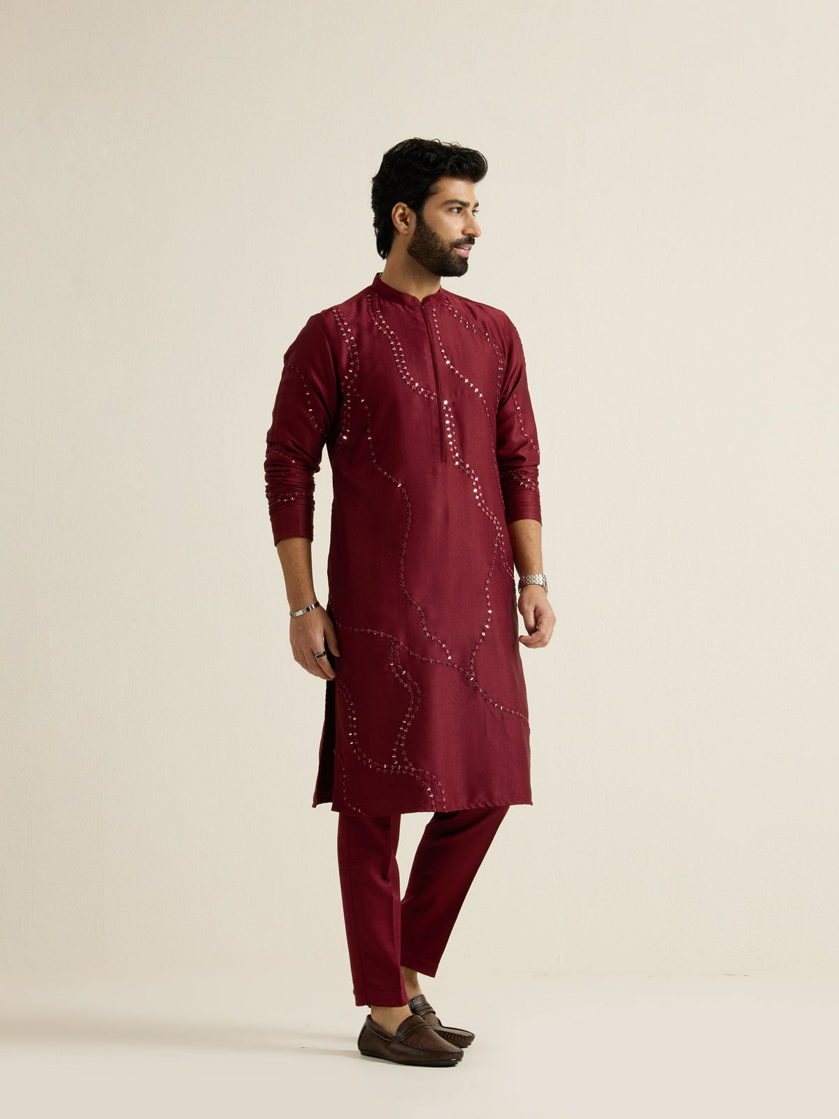 Mens Red Blended Embroidery Kurta with Front Zipper