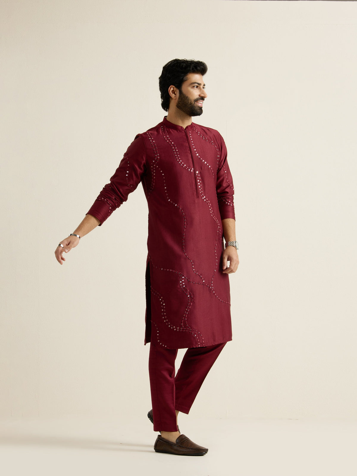 Mens Red Blended Embroidery Kurta with Front Zipper
