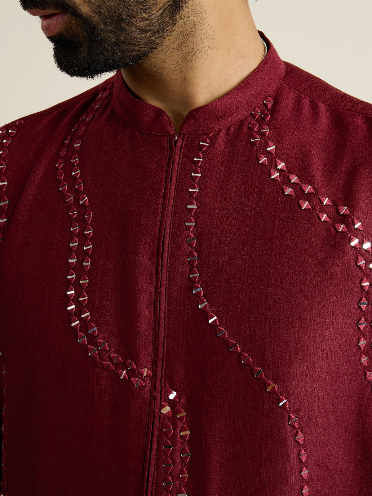 Mens Red Blended Embroidery Kurta with Front Zipper