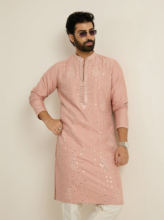 Mens Pink Blended Embroidery Kurta with Front Zipper