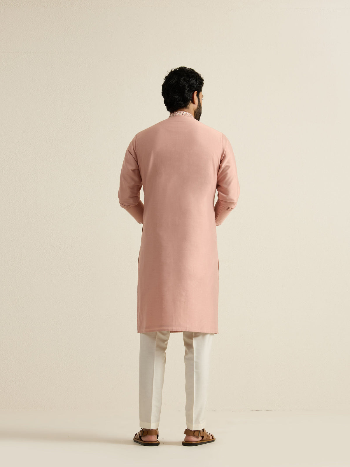 Mens Pink Blended Embroidery Kurta with Front Zipper