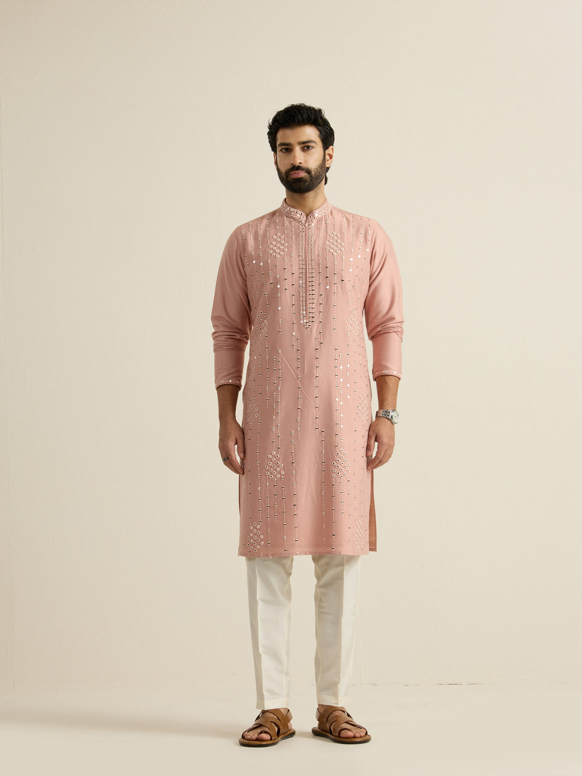 Mens Pink Blended Embroidery Kurta with Front Zipper