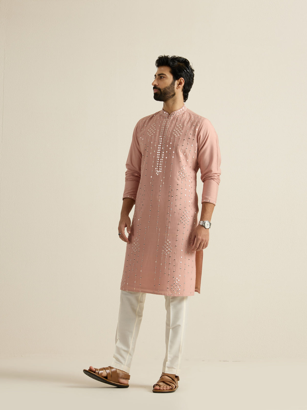 Mens Pink Blended Embroidery Kurta with Front Zipper
