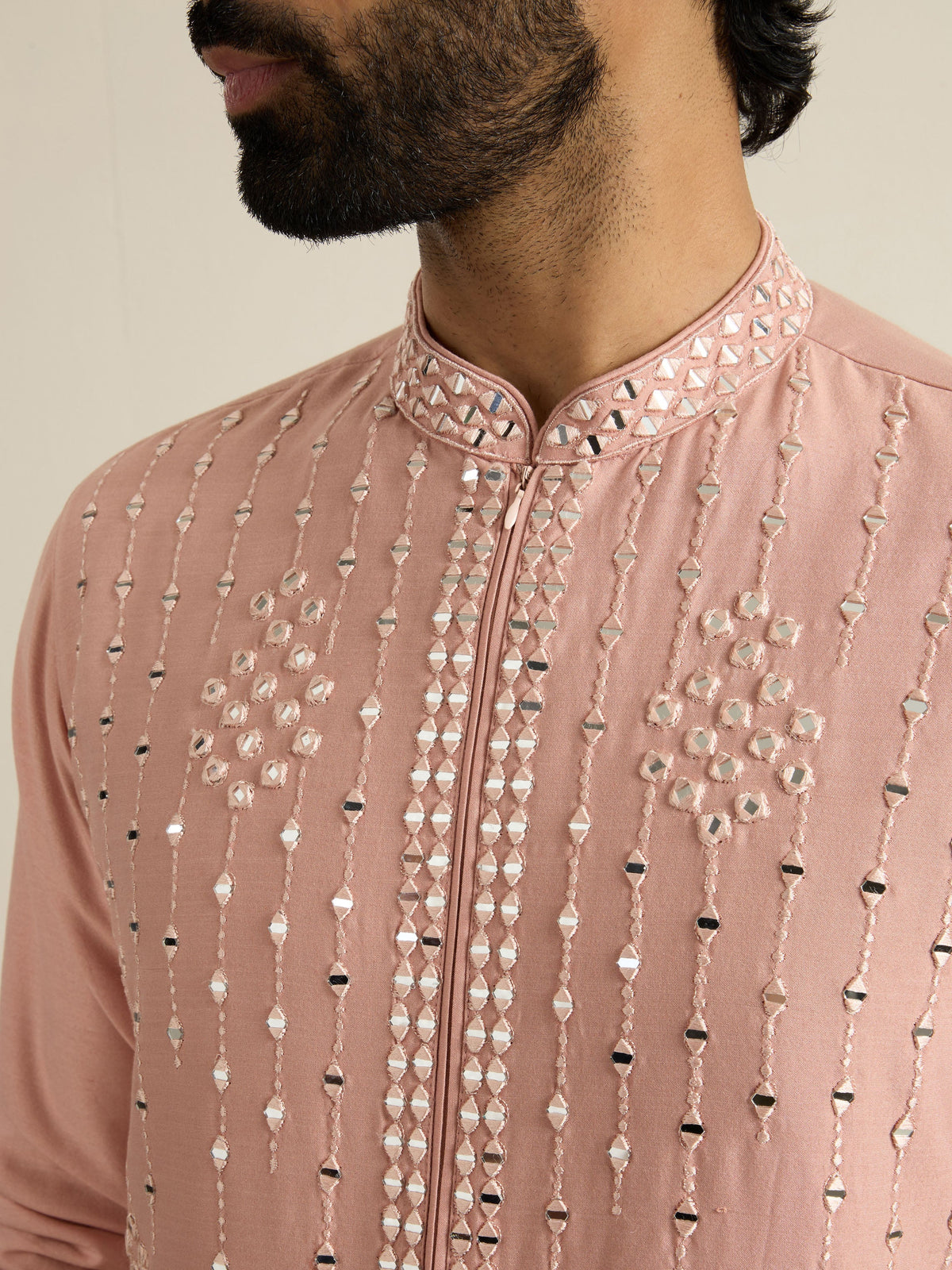 Mens Pink Blended Embroidery Kurta with Front Zipper