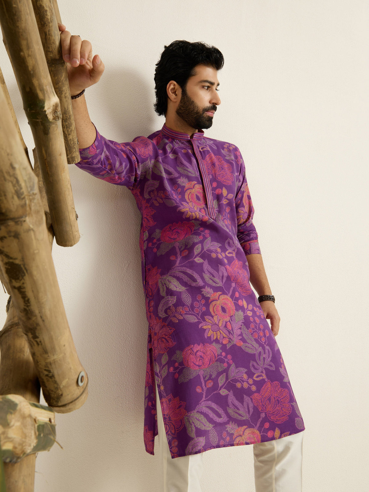 Mens Purple Blended Print Kurta with Buttoned Placket