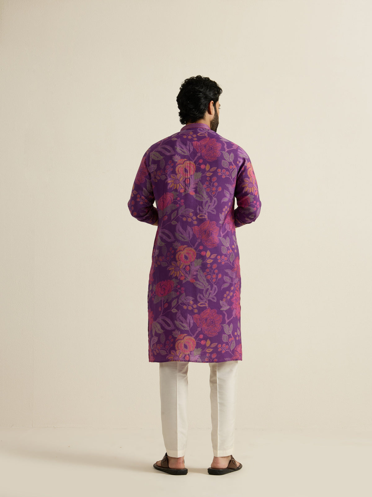 Mens Purple Blended Print Kurta with Buttoned Placket