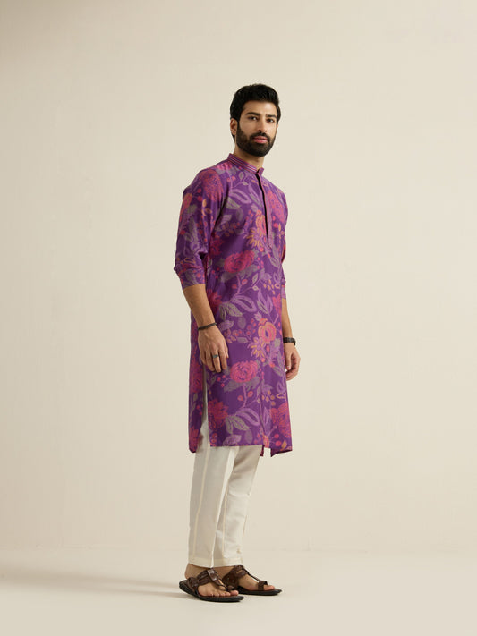 Mens Purple Blended Print Kurta with Buttoned Placket