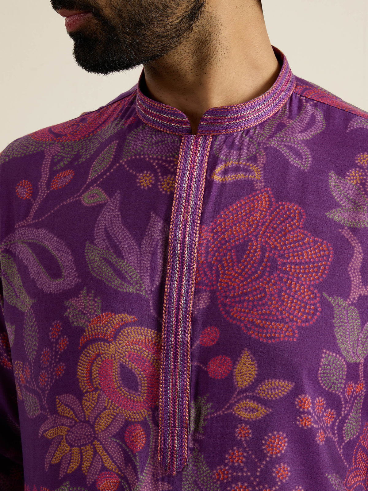 Mens Purple Blended Print Kurta with Buttoned Placket