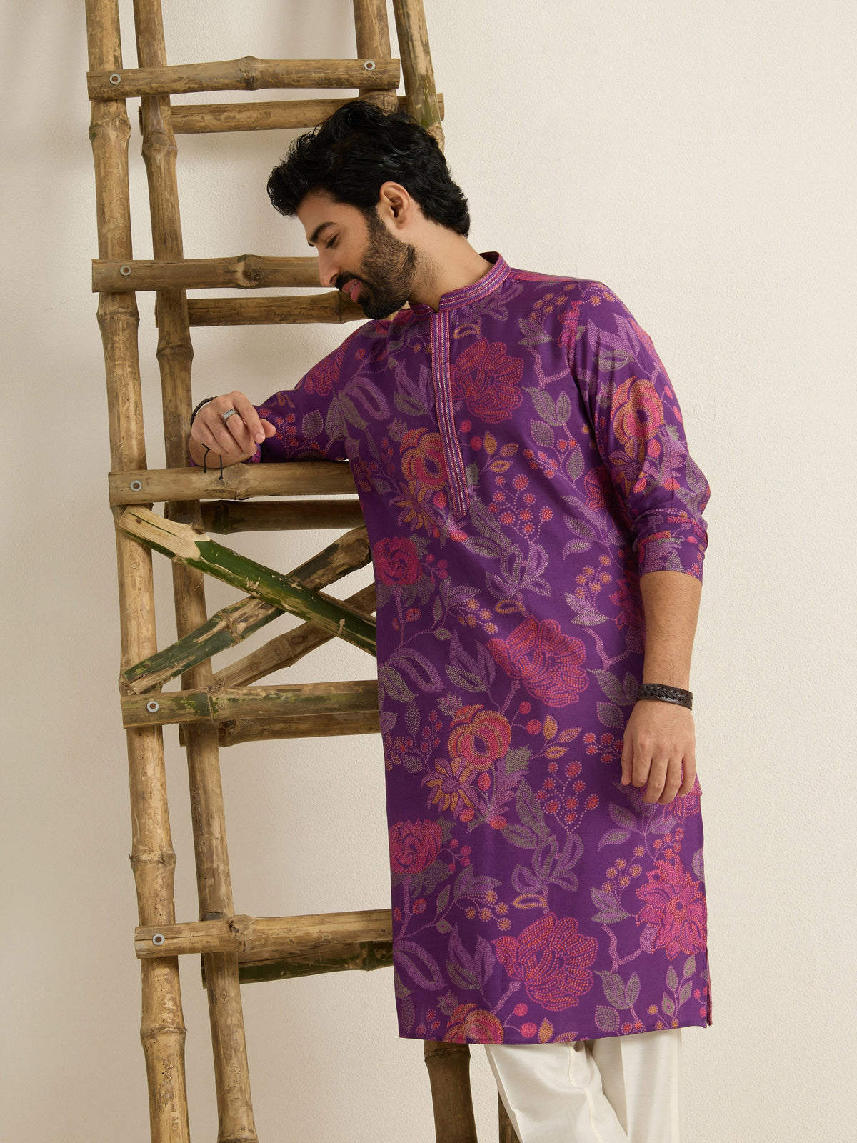 Mens Purple Blended Print Kurta with Buttoned Placket