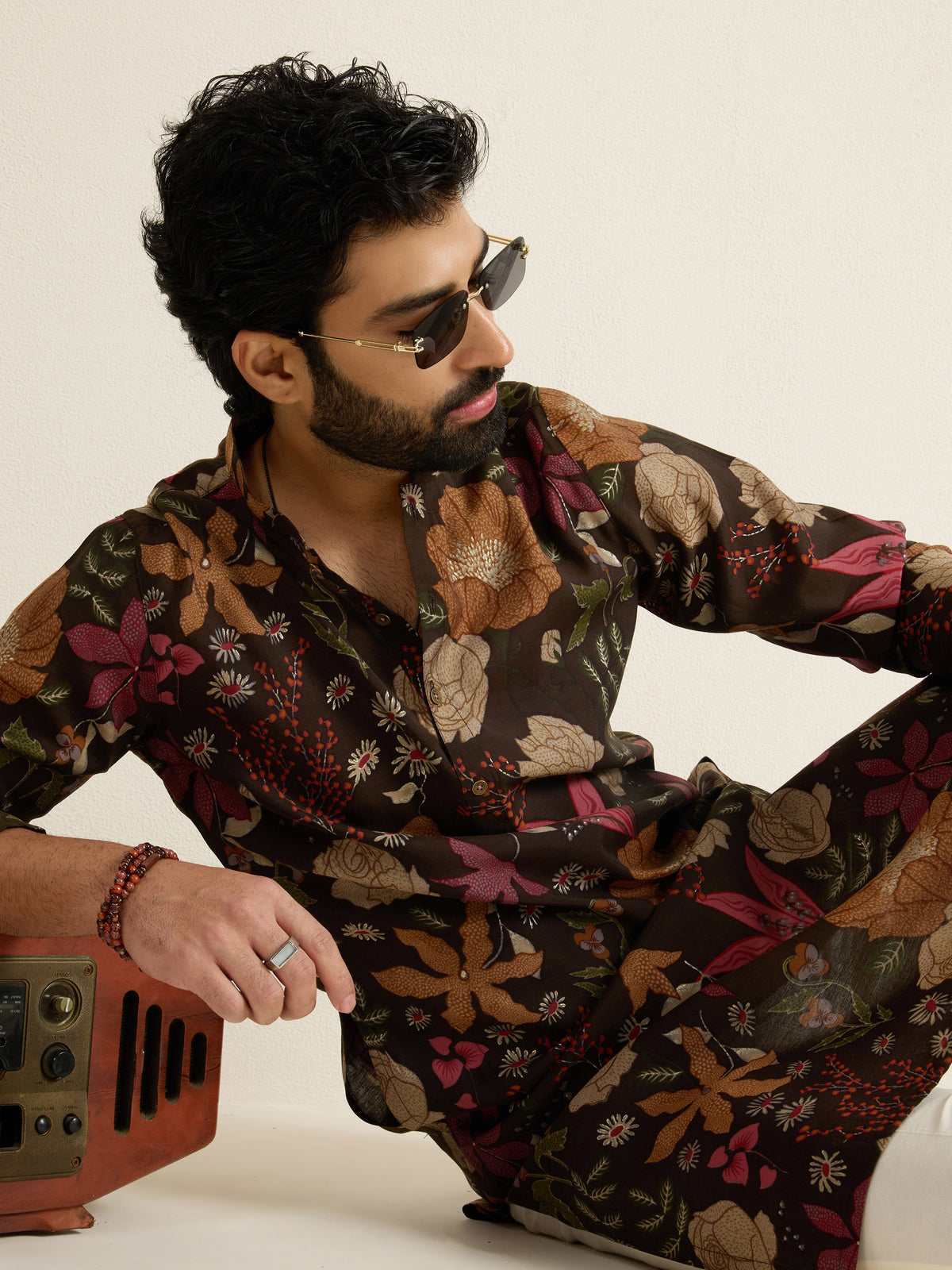 Mens Brown Blended Print Kurta with Buttoned Placket