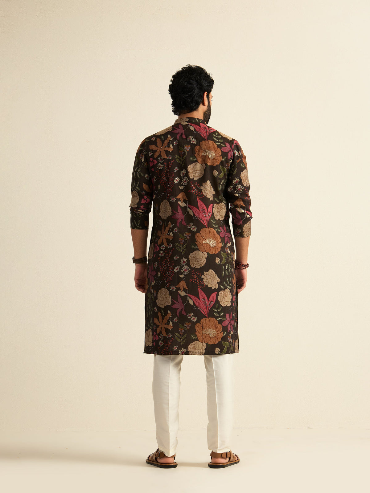 Mens Brown Blended Print Kurta with Buttoned Placket