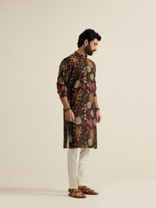 Mens Brown Blended Print Kurta with Buttoned Placket