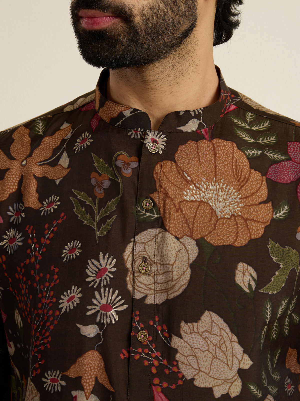 Mens Brown Blended Print Kurta with Buttoned Placket