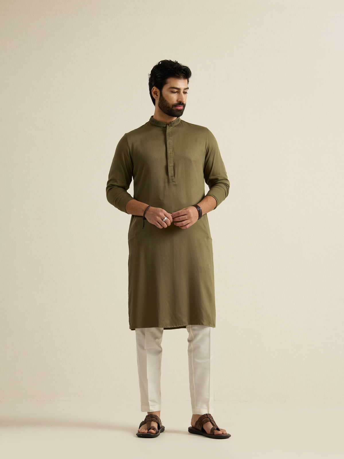 Mens Green Blended Plain Kurta with Buttoned Placket