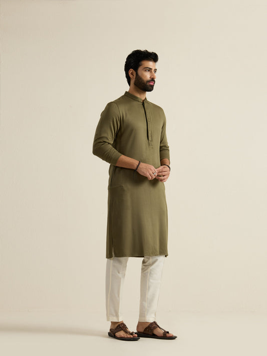 Mens Green Blended Plain Kurta with Buttoned Placket