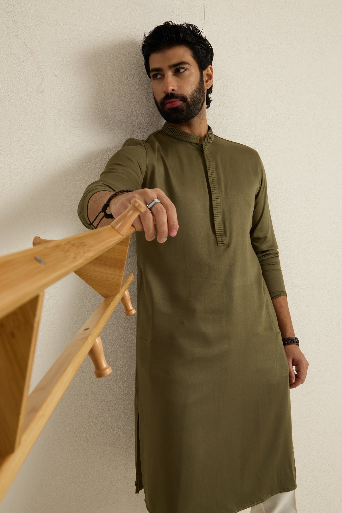 Mens Green Blended Plain Kurta with Buttoned Placket