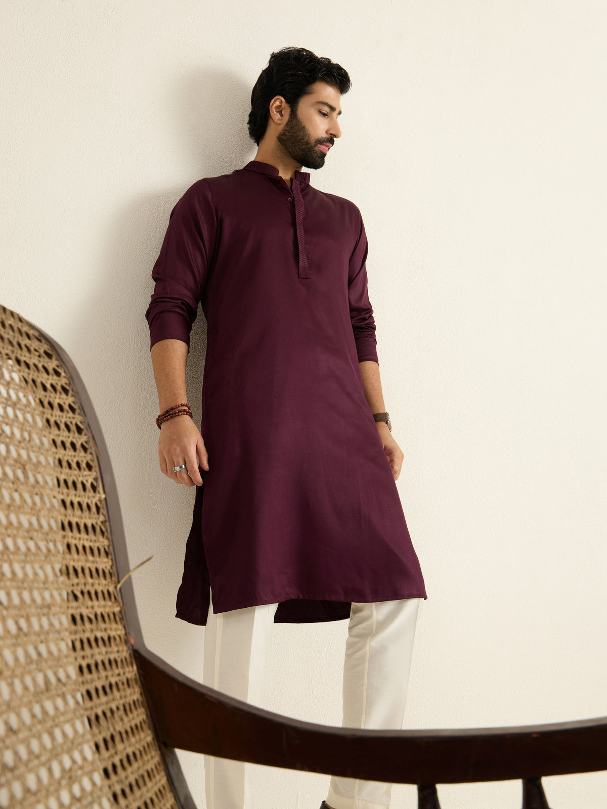 Mens Red Blended Plain Kurta with Buttoned Placket