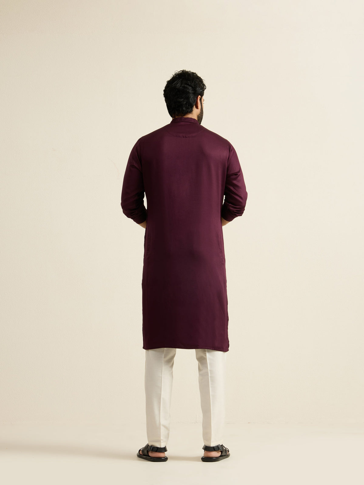 Mens Red Blended Plain Kurta with Buttoned Placket