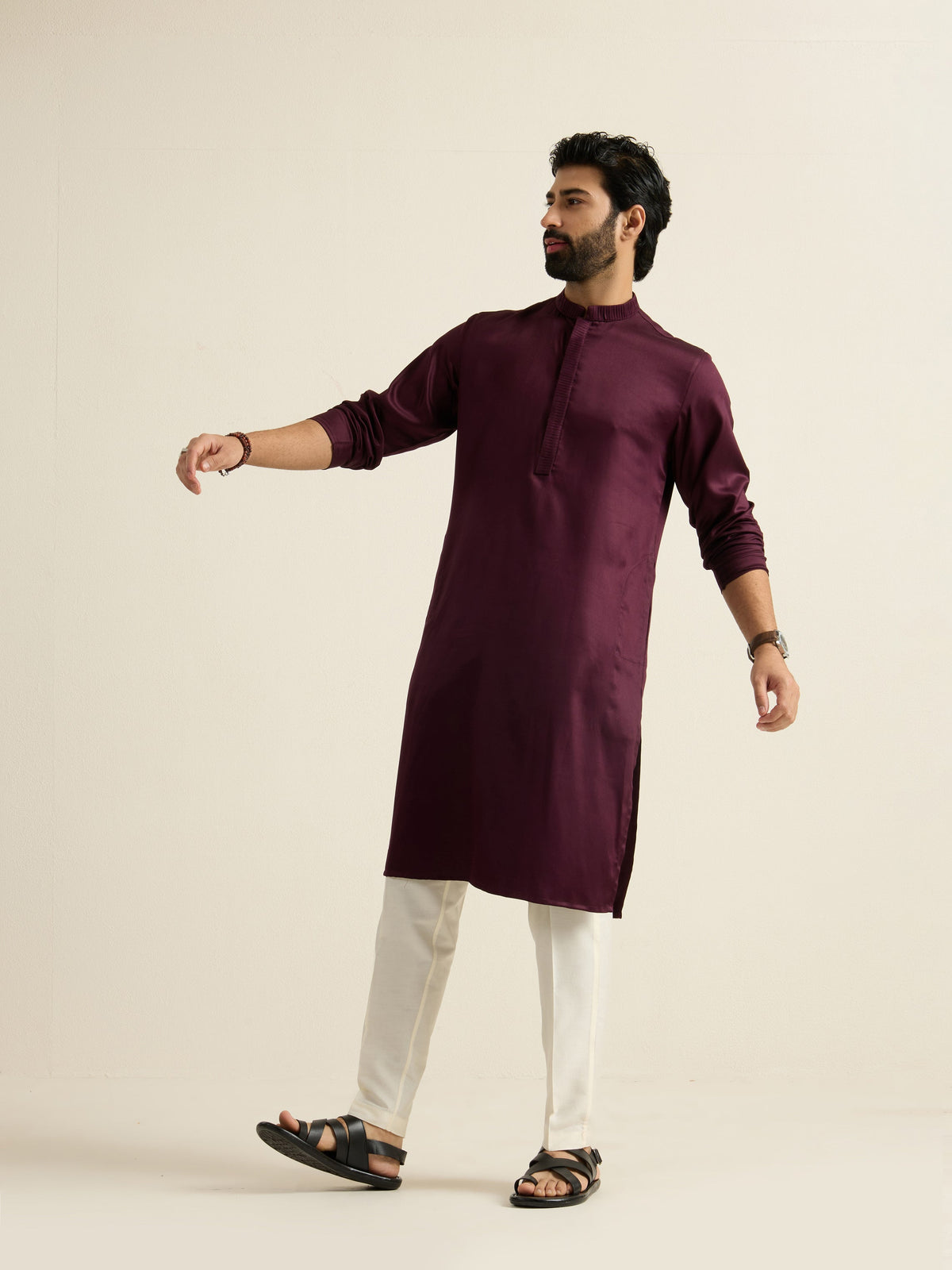 Mens Red Blended Plain Kurta with Buttoned Placket