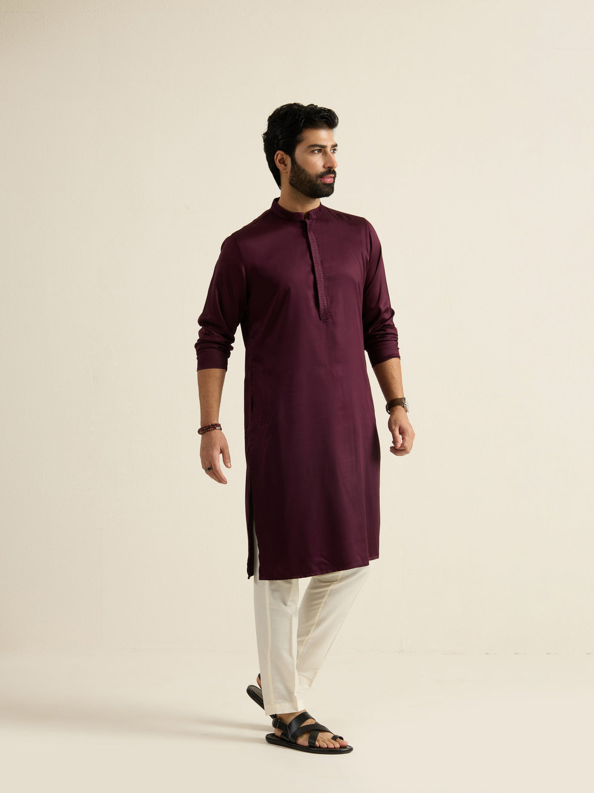 Mens Red Blended Plain Kurta with Buttoned Placket