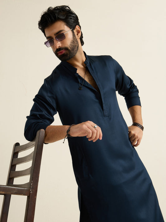 Mens Blue Blended Plain Kurta with Buttoned Placket