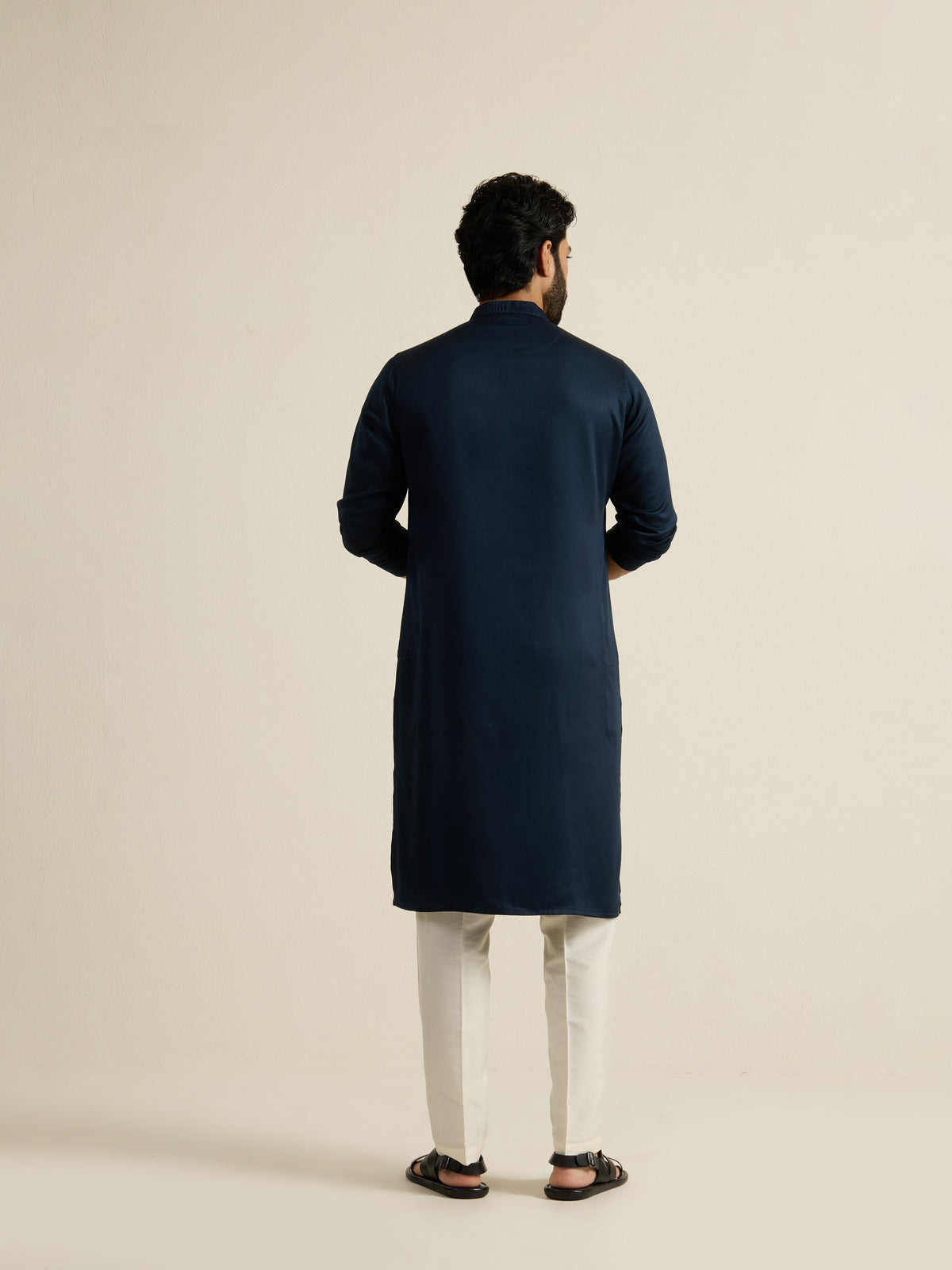 Mens Blue Blended Plain Kurta with Buttoned Placket