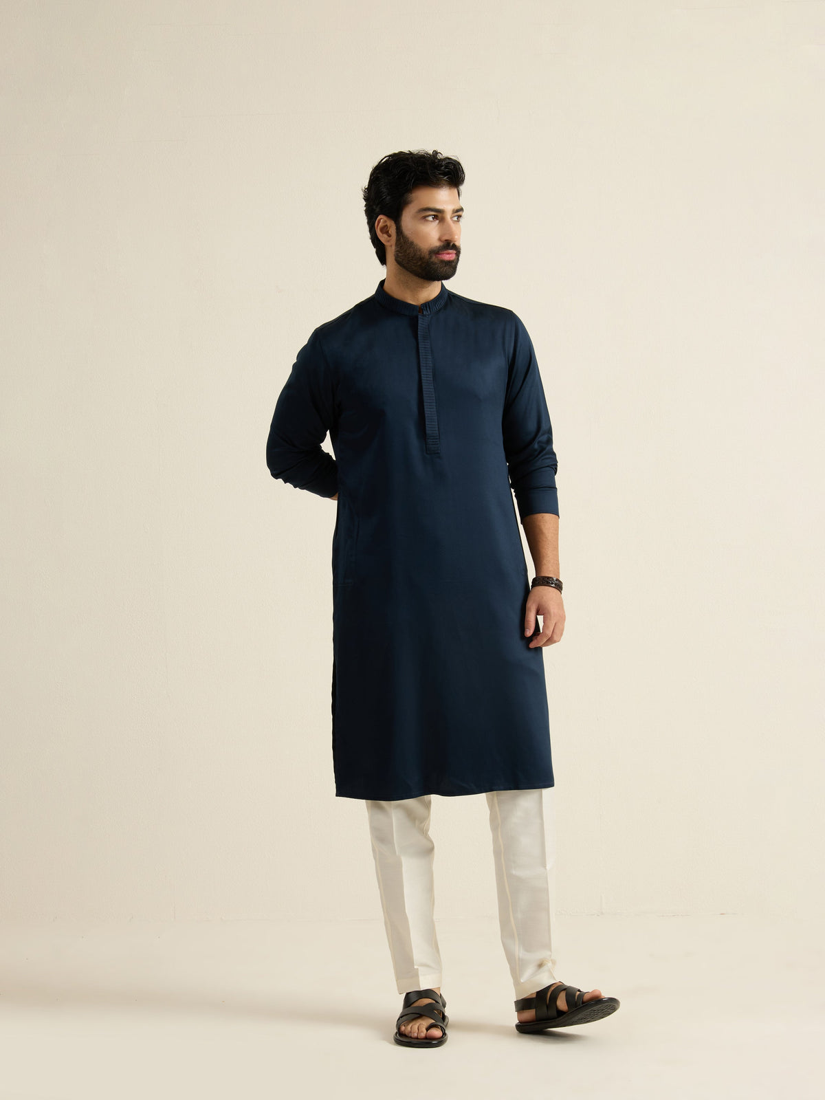 Mens Blue Blended Plain Kurta with Buttoned Placket