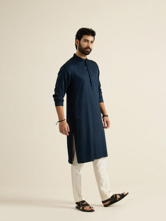 Mens Blue Blended Plain Kurta with Buttoned Placket
