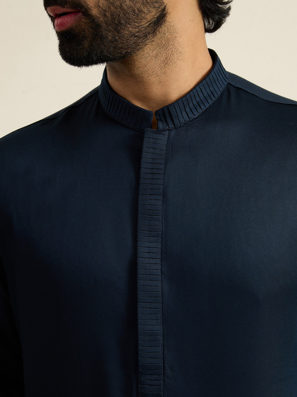 Mens Blue Blended Plain Kurta with Buttoned Placket