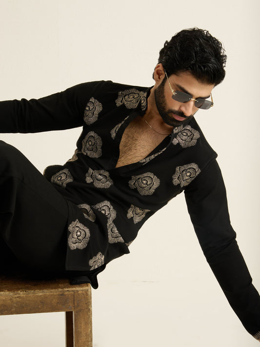 Mens Black Georgette Embroidery Kurta