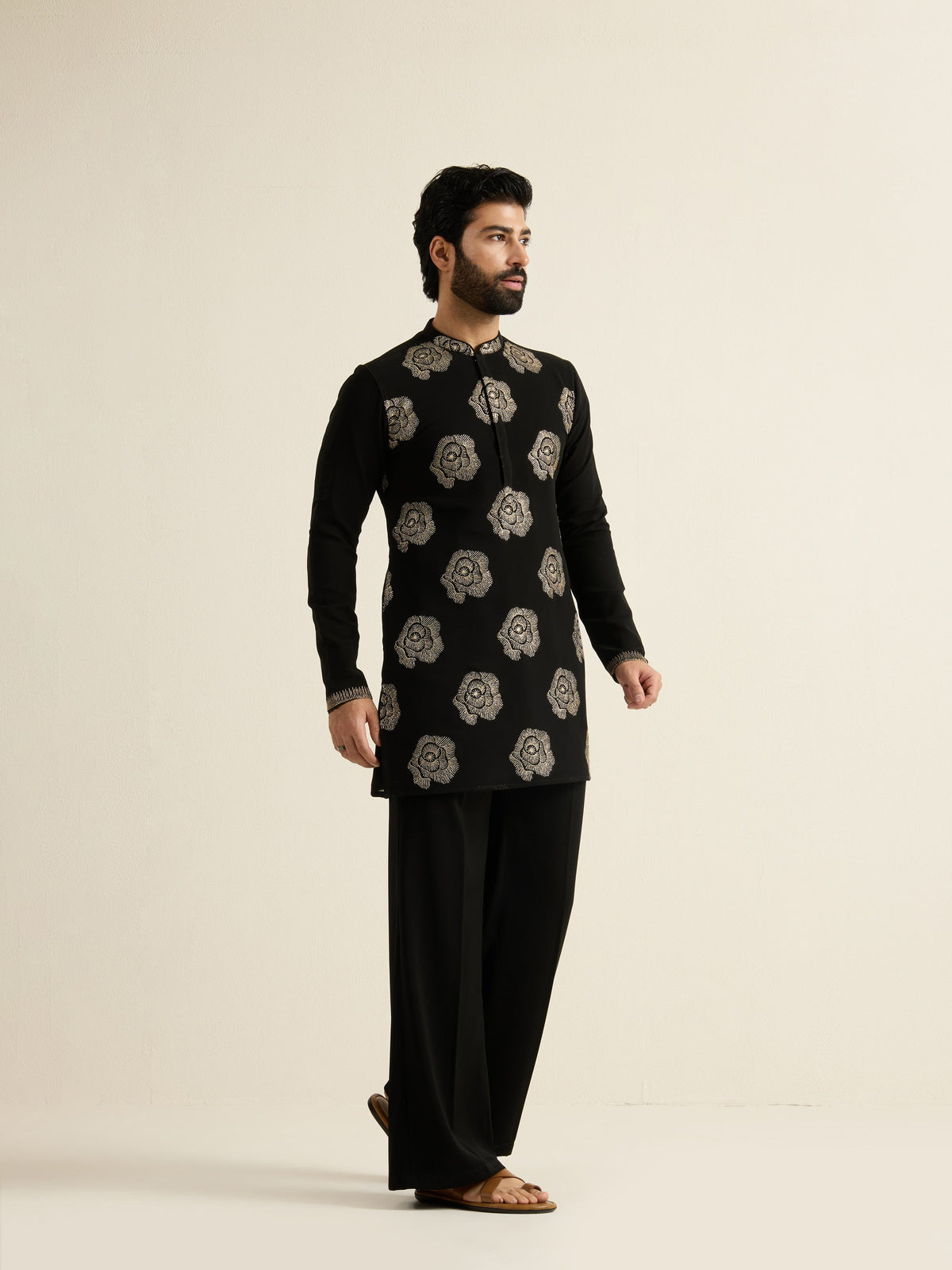 Mens Black Georgette Embroidery Kurta