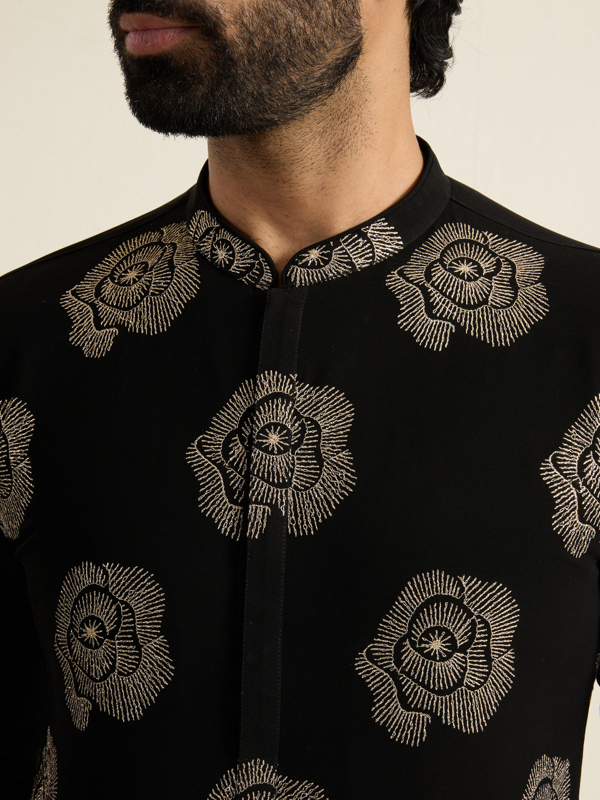 Mens Black Georgette Embroidery Kurta