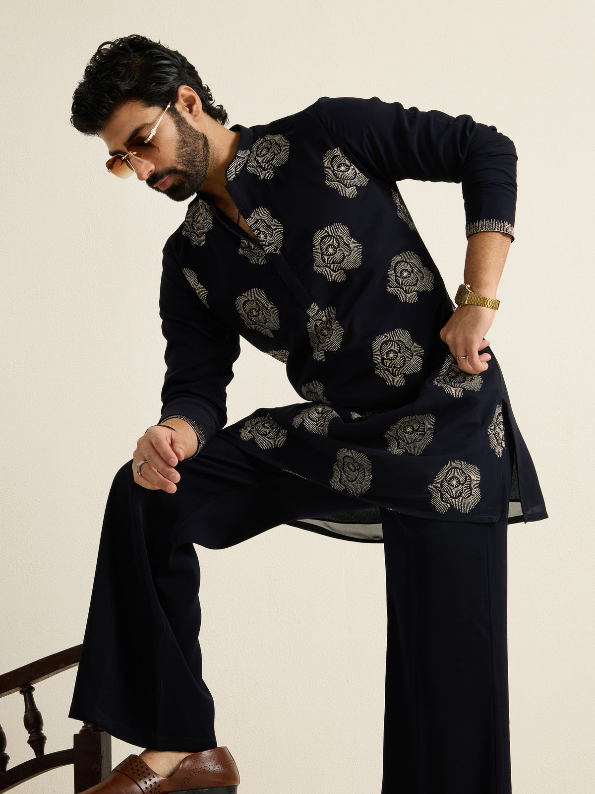 Mens Blue Georgette Embroidery Kurta