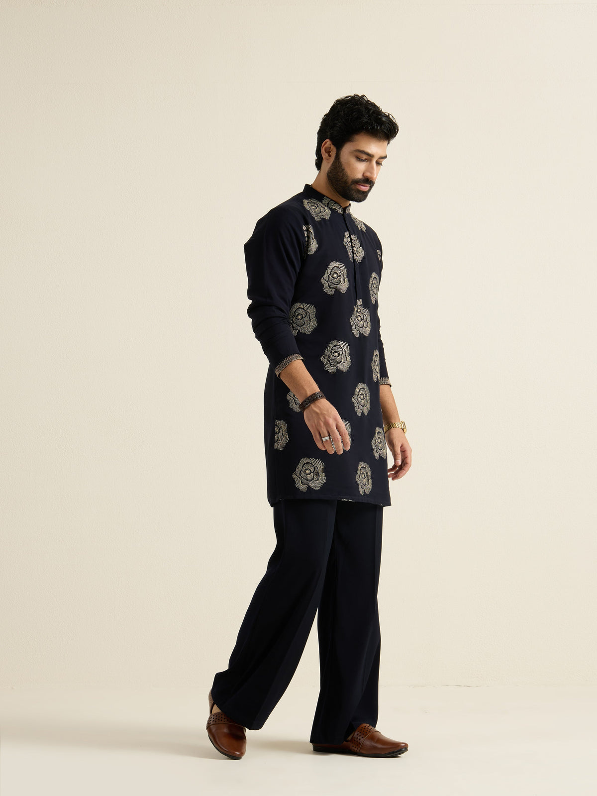 Mens Blue Georgette Embroidery Kurta