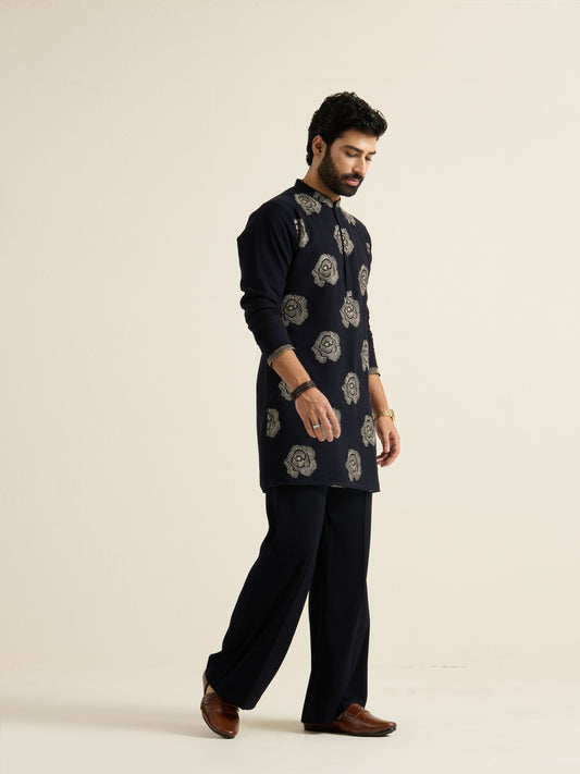 Mens Blue Georgette Embroidery Kurta