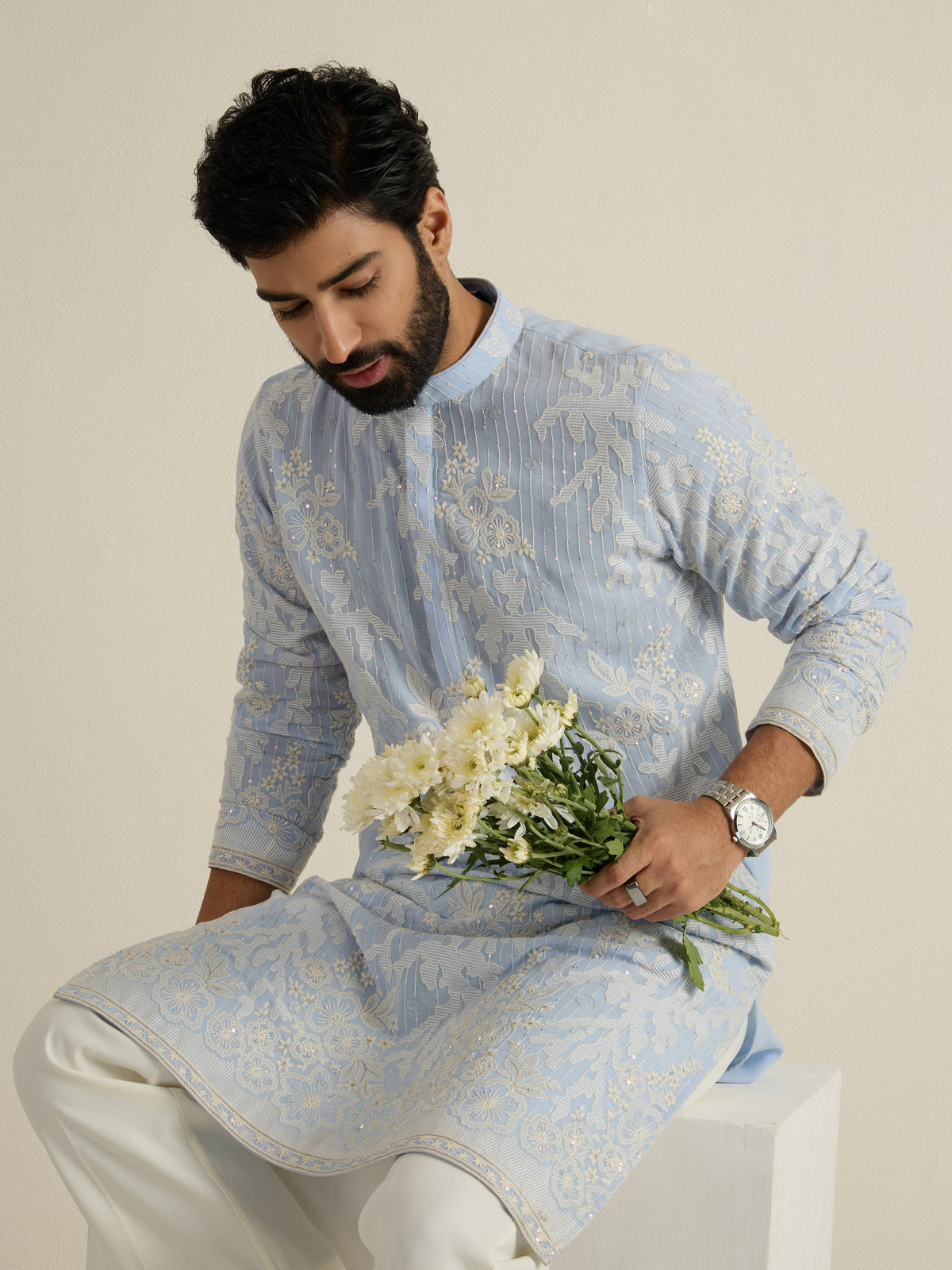 Mens Blue Georgette Embroidery Kurta with Buttoned Placket