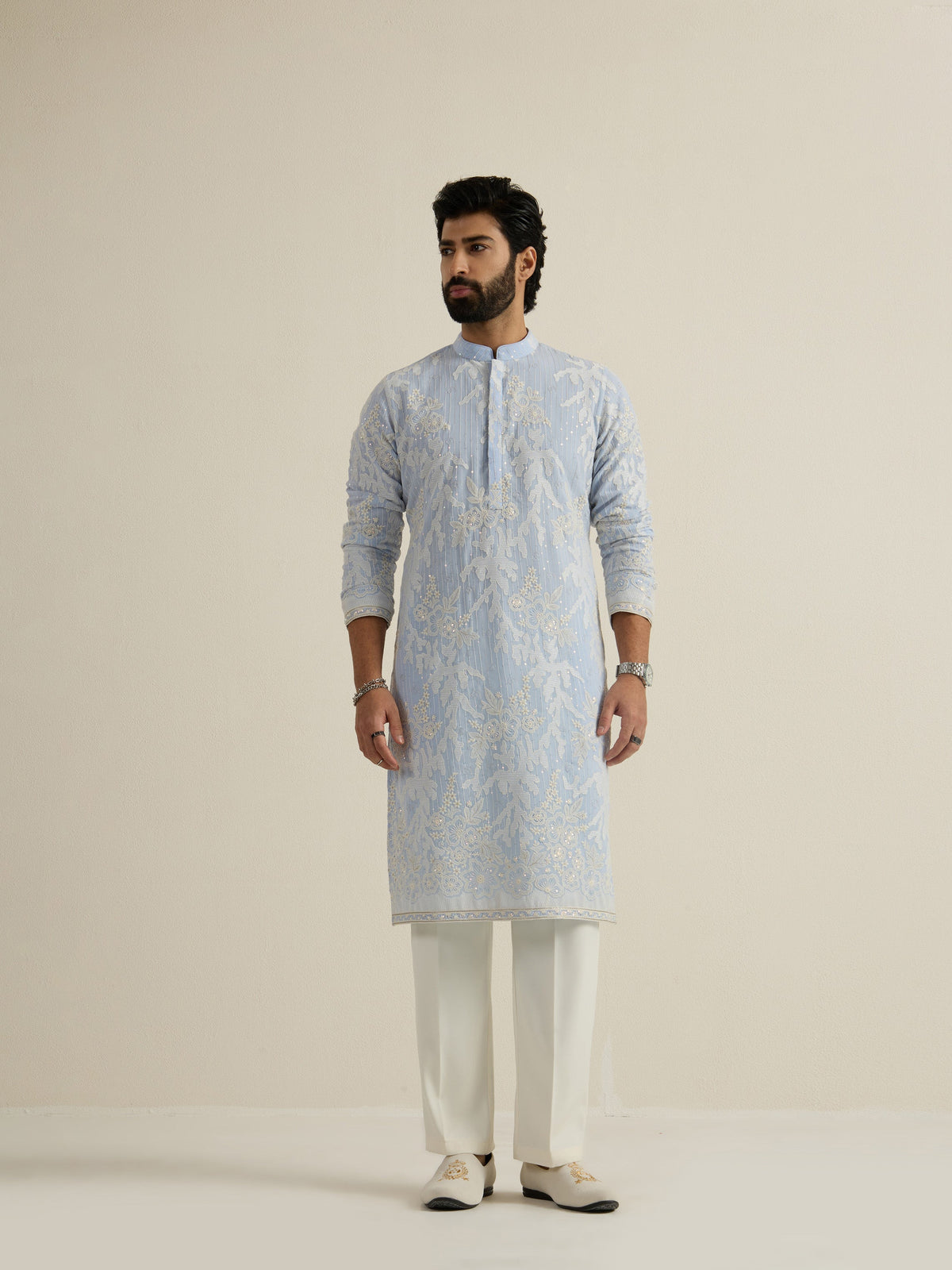 Mens Blue Georgette Embroidery Kurta with Buttoned Placket