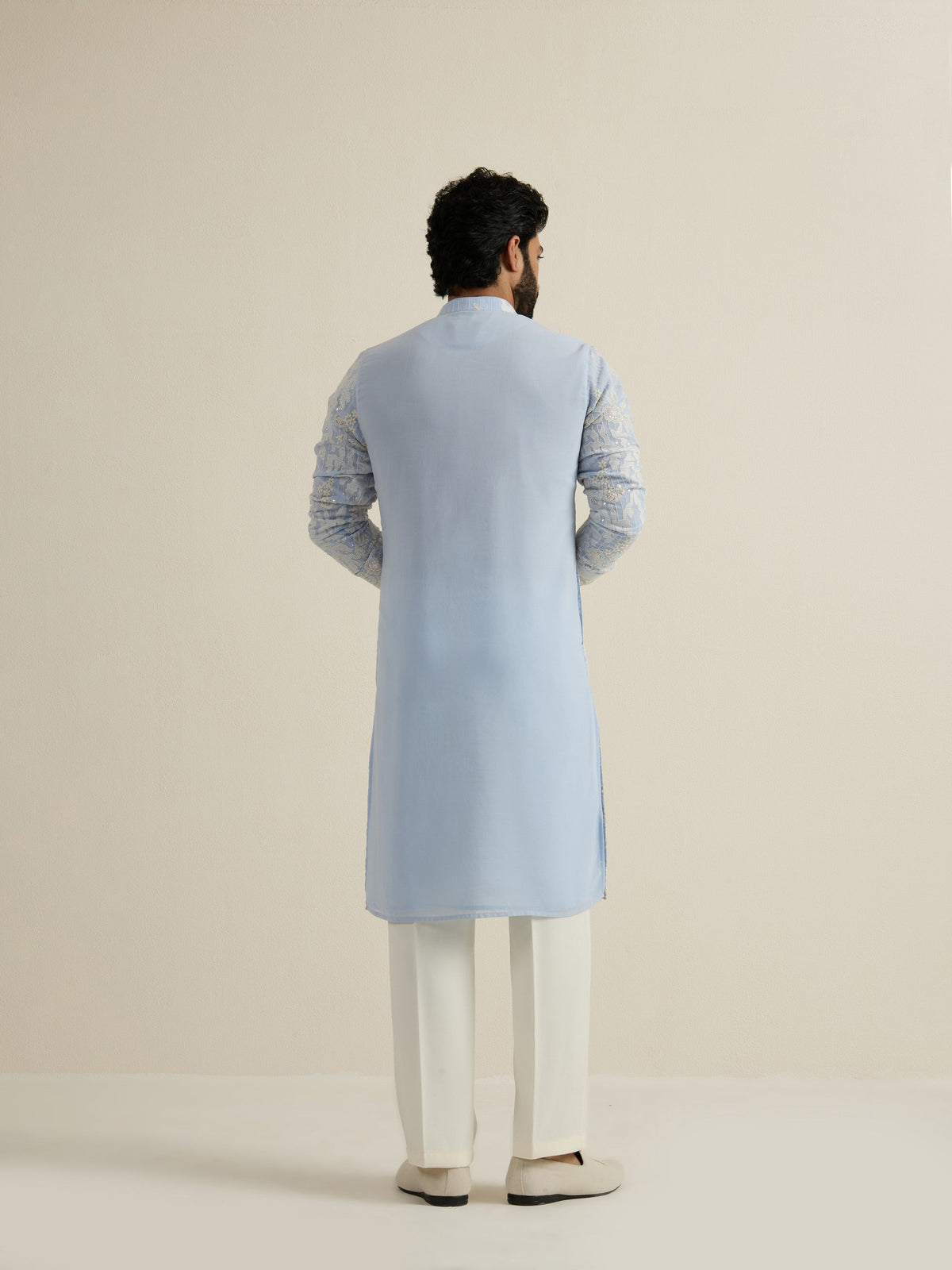 Mens Blue Georgette Embroidery Kurta with Buttoned Placket