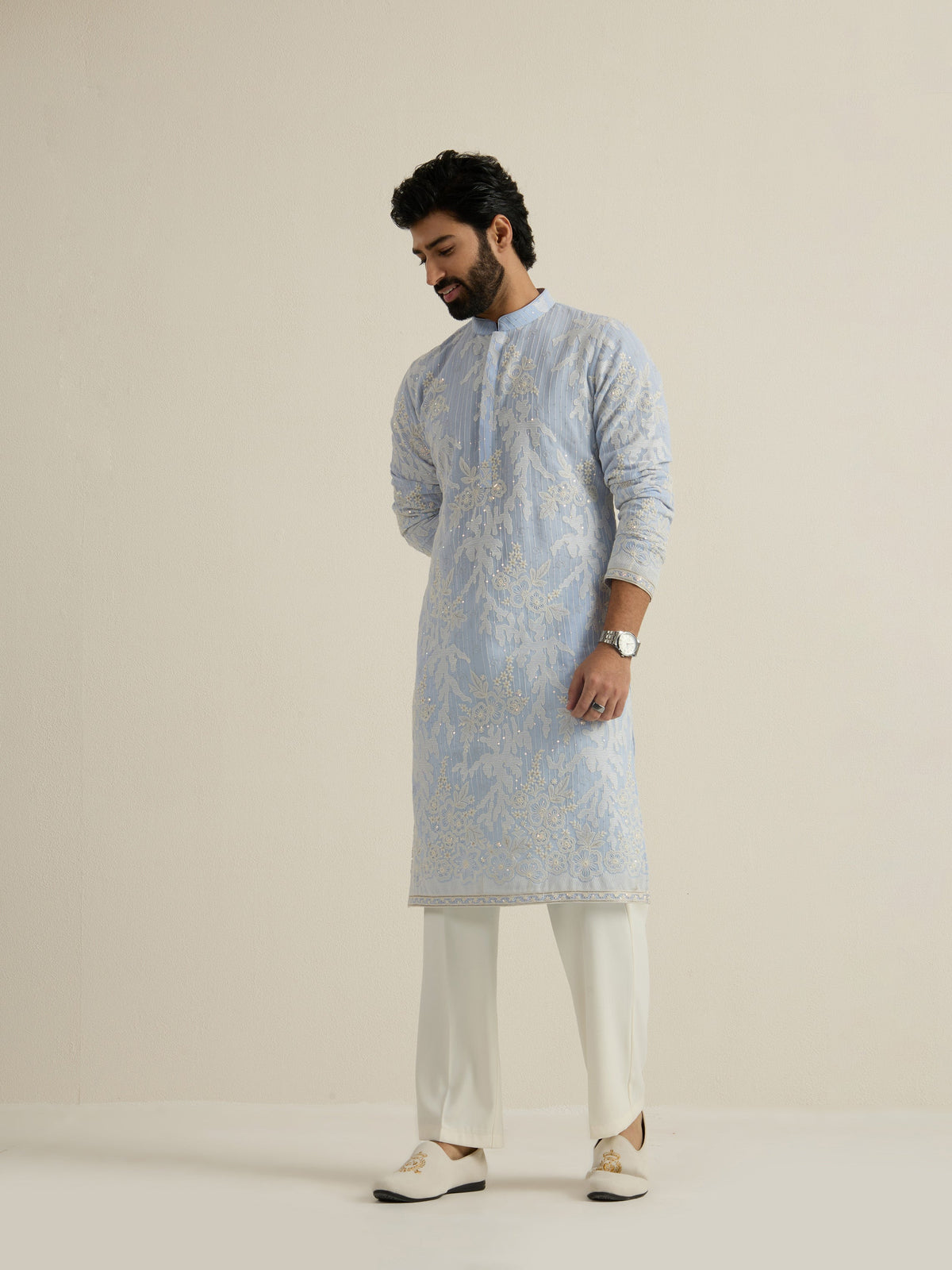 Mens Blue Georgette Embroidery Kurta with Buttoned Placket