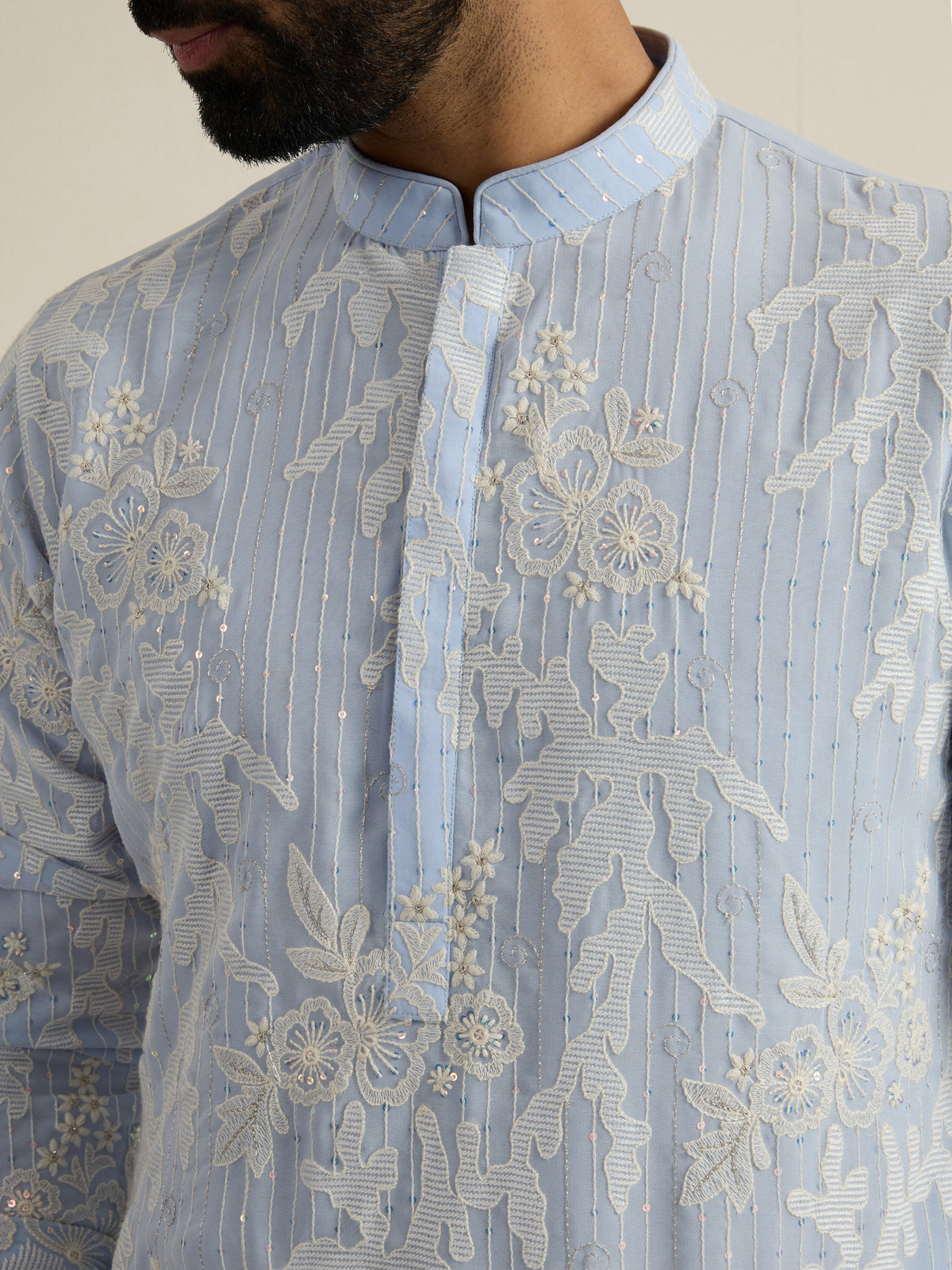 Mens Blue Georgette Embroidery Kurta with Buttoned Placket