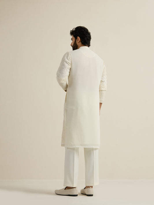 Mens Off-White Georgette Embroidery Kurta with Buttoned Placket