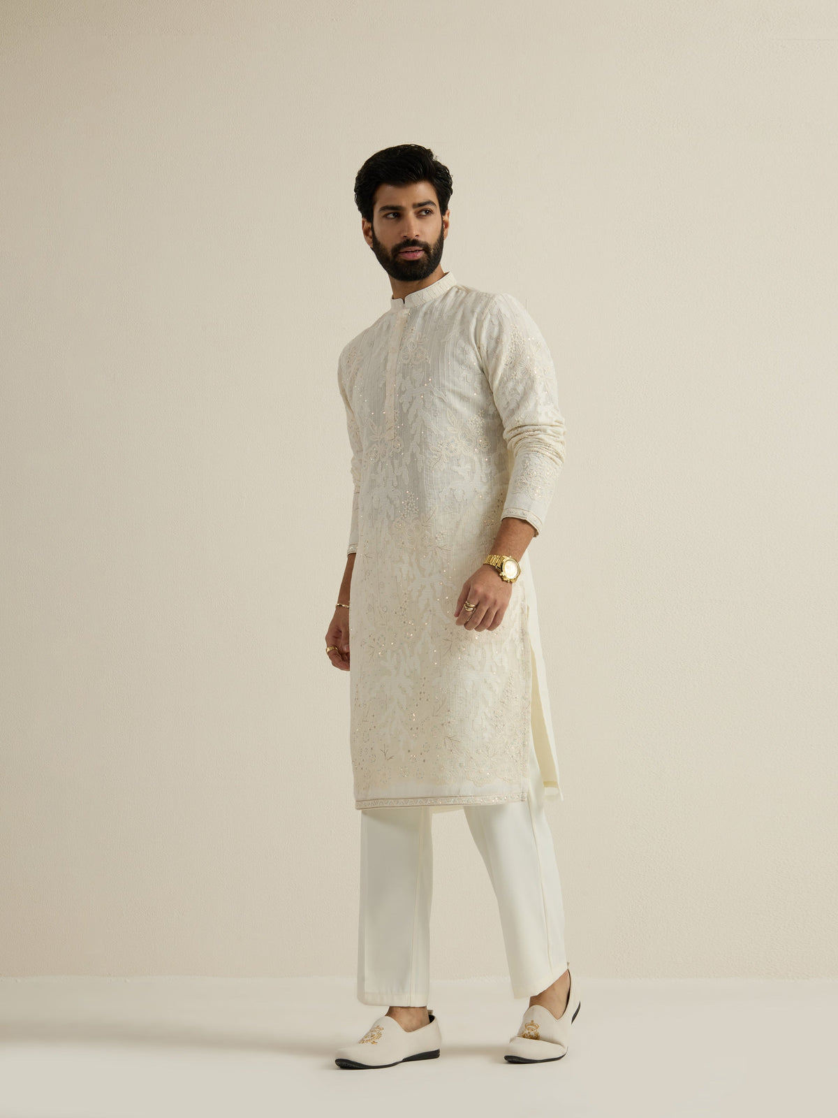 Mens Off-White Georgette Embroidery Kurta with Buttoned Placket