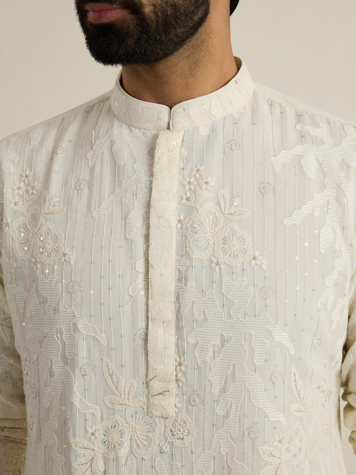 Mens Off-White Georgette Embroidery Kurta with Buttoned Placket